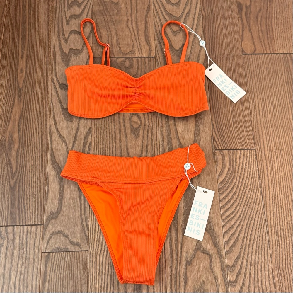 Frankie's Bikinis Bright Orange Ribbed Bikini Set